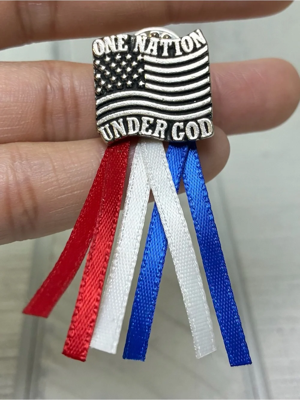 One Nation Under God Pin Silver Hue American Flag W/Tassels Patriotic Lapel 2”